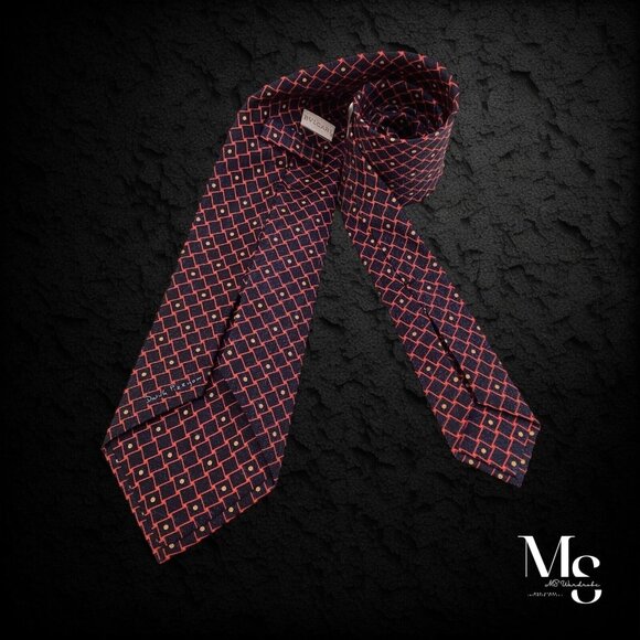 BVLGARI SEVENFOLD Navy Red Geometric Silk Tie Made In Italy W:3.75